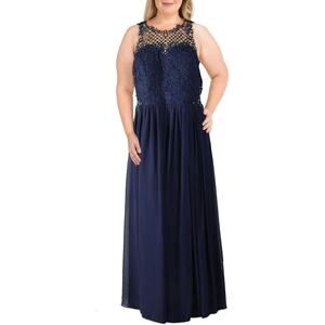City Studio Womens Plus Embellished Crochet Evening Dress Navy 22W